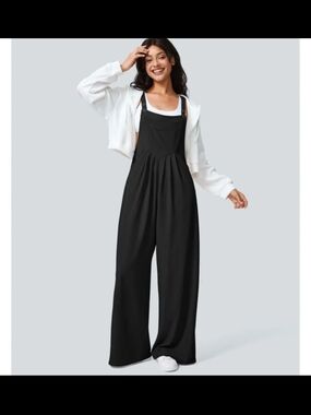HALARA Black Wide-Leg Overall Romper with Adjustable Straps